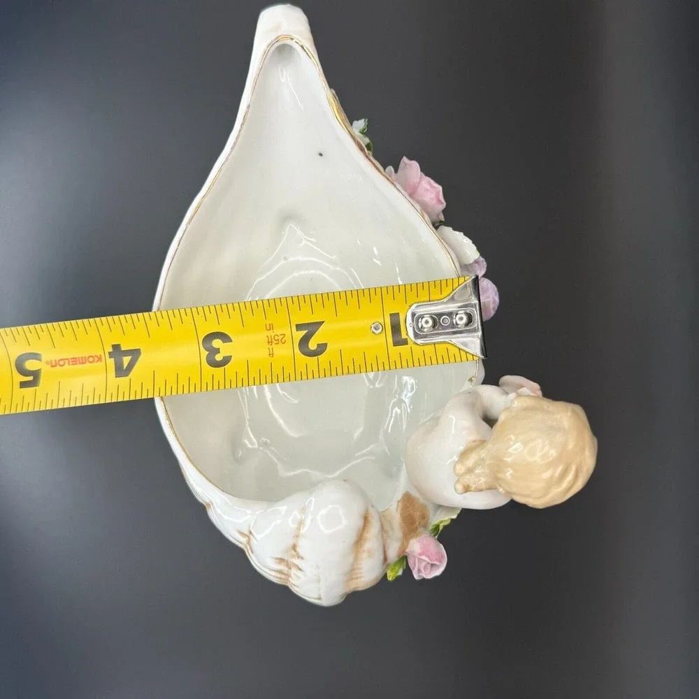 Vintage Cherub Angel Shell Porcelain Trinket‎ Pink Flower Dish Shabby Chic